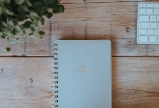 A light blue spiral-bound planner with the words 'Life Planner' embossed in gold sits on a wooden table. To the right is part of a white computer keyboard, and a leafy green plant is partially visible on the left.